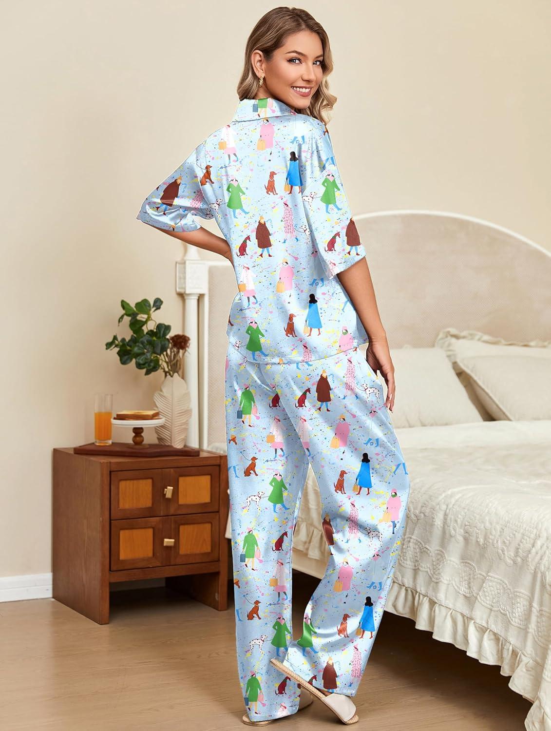 imageEkouaer Silk Satin Pajamas Set Women Short Sleeve Pj Sets Button Down Sleepwear 2 Piece Soft Loungewear SXXLCity Walk
