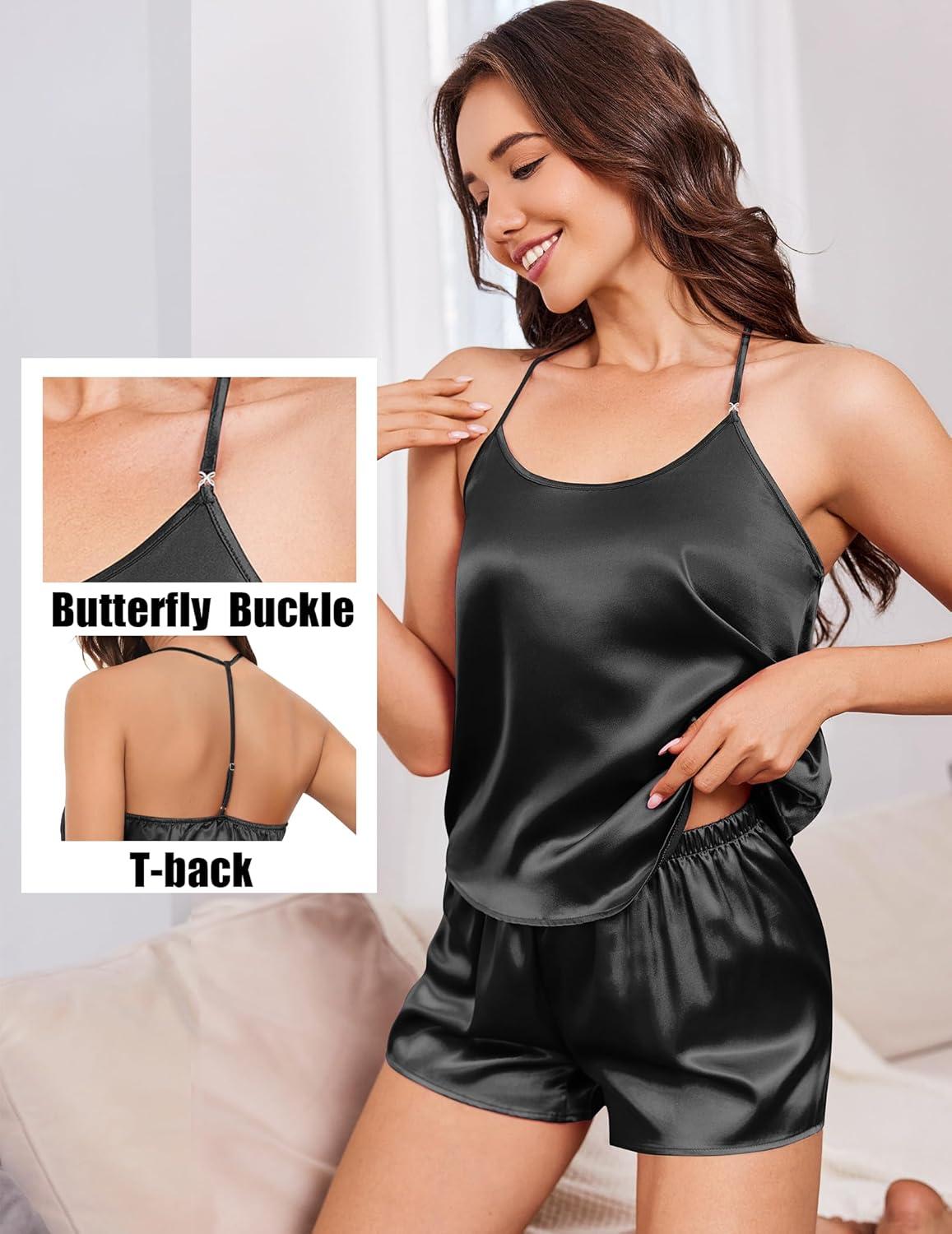 imageEkouaer Silk Satin Pajamas Set for Women Tback Lingerie Pjs Cami Top and Shorts Sleepwear Gift for Honeymoon PartyBlack