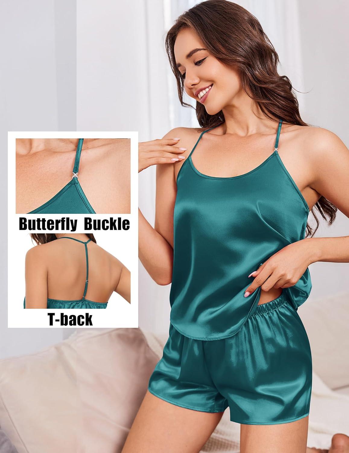 imageEkouaer Silk Satin Pajamas Set for Women Tback Lingerie Pjs Cami Top and Shorts Sleepwear Gift for Honeymoon PartyBlue Green