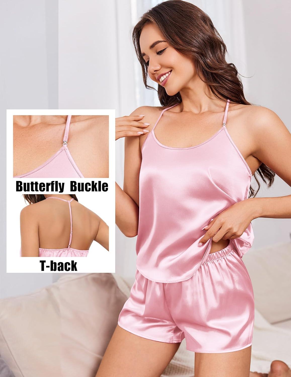 imageEkouaer Silk Satin Pajamas Set for Women Tback Lingerie Pjs Cami Top and Shorts Sleepwear Gift for Honeymoon PartyLight Pink