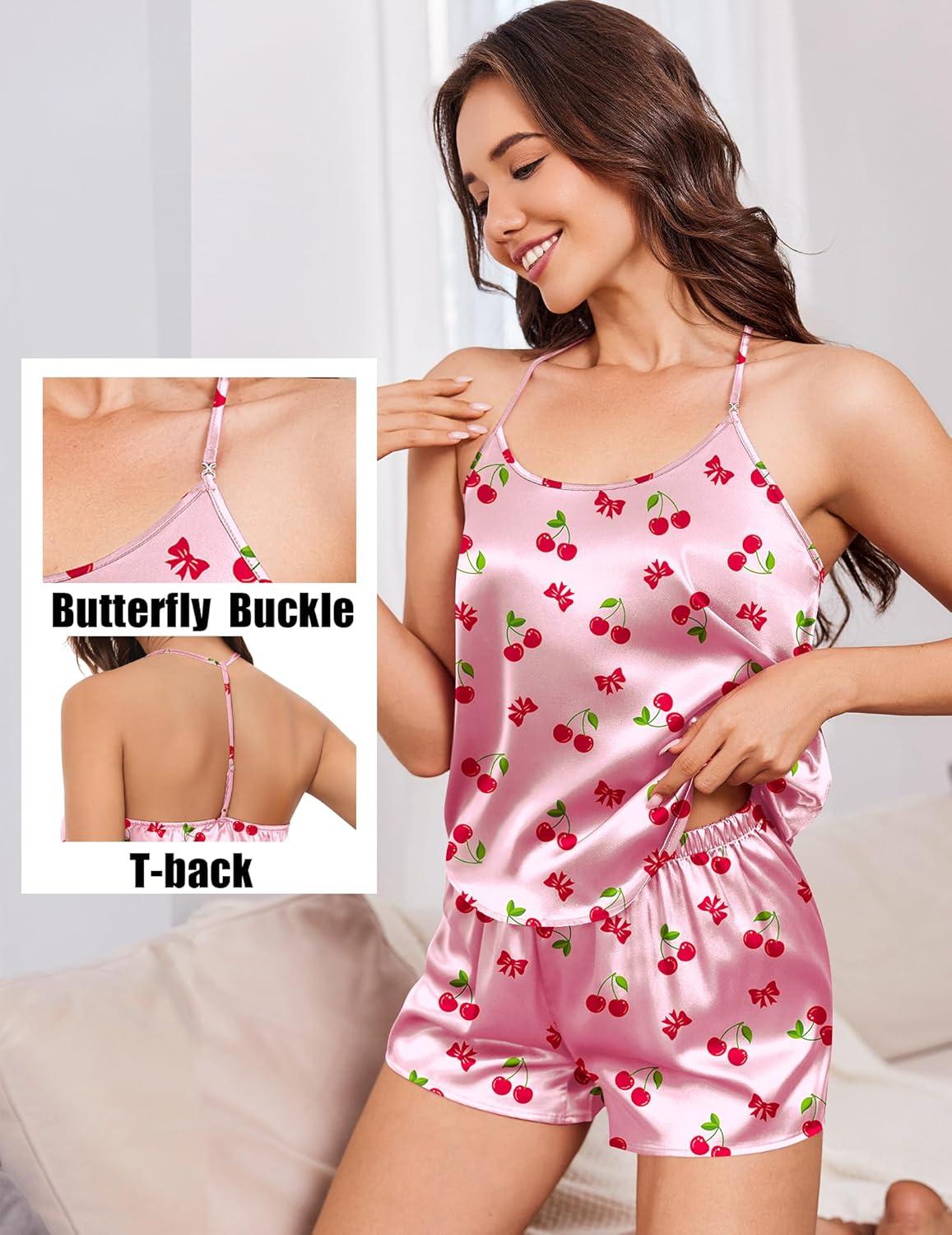 imageEkouaer Silk Satin Pajamas Set for Women Tback Lingerie Pjs Cami Top and Shorts Sleepwear Gift for Honeymoon PartyPink Cherry