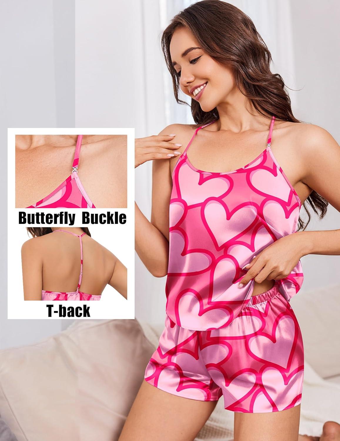 imageEkouaer Silk Satin Pajamas Set for Women Tback Lingerie Pjs Cami Top and Shorts Sleepwear Gift for Honeymoon PartyPink Heart