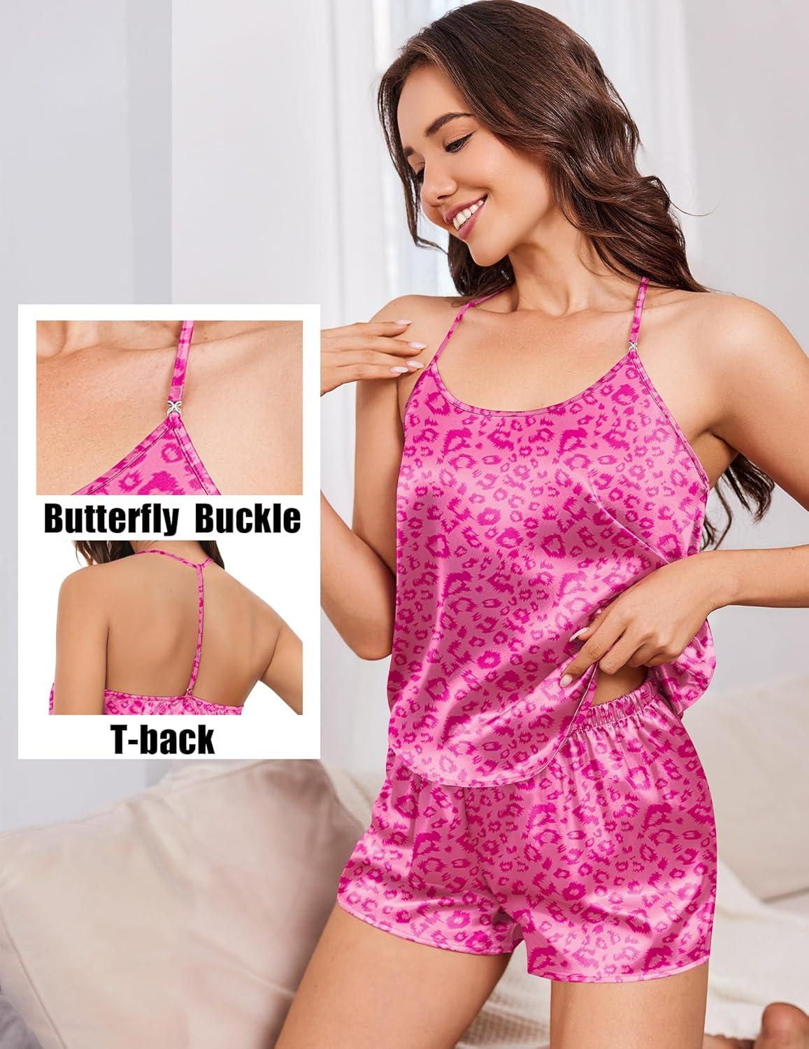 imageEkouaer Silk Satin Pajamas Set for Women Tback Lingerie Pjs Cami Top and Shorts Sleepwear Gift for Honeymoon PartyPink Leopard