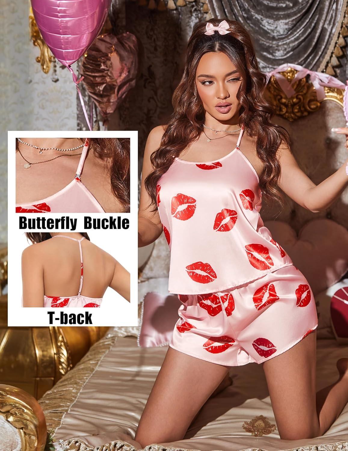 imageEkouaer Silk Satin Pajamas Set for Women Tback Lingerie Pjs Cami Top and Shorts Sleepwear Gift for Honeymoon PartyRed Lips