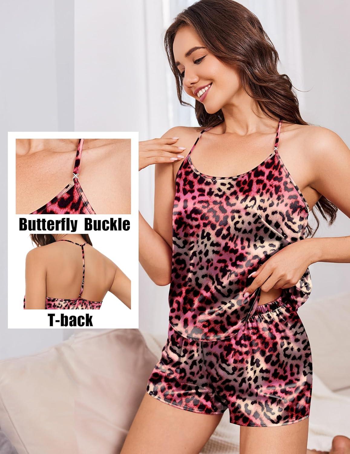 imageEkouaer Silk Satin Pajamas Set for Women Tback Lingerie Pjs Cami Top and Shorts Sleepwear Gift for Honeymoon PartyRose Pink Black Leopard