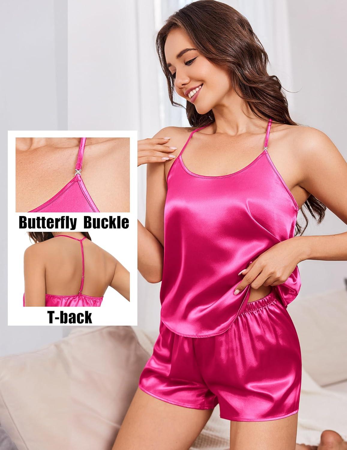 imageEkouaer Silk Satin Pajamas Set for Women Tback Lingerie Pjs Cami Top and Shorts Sleepwear Gift for Honeymoon PartyRose Red