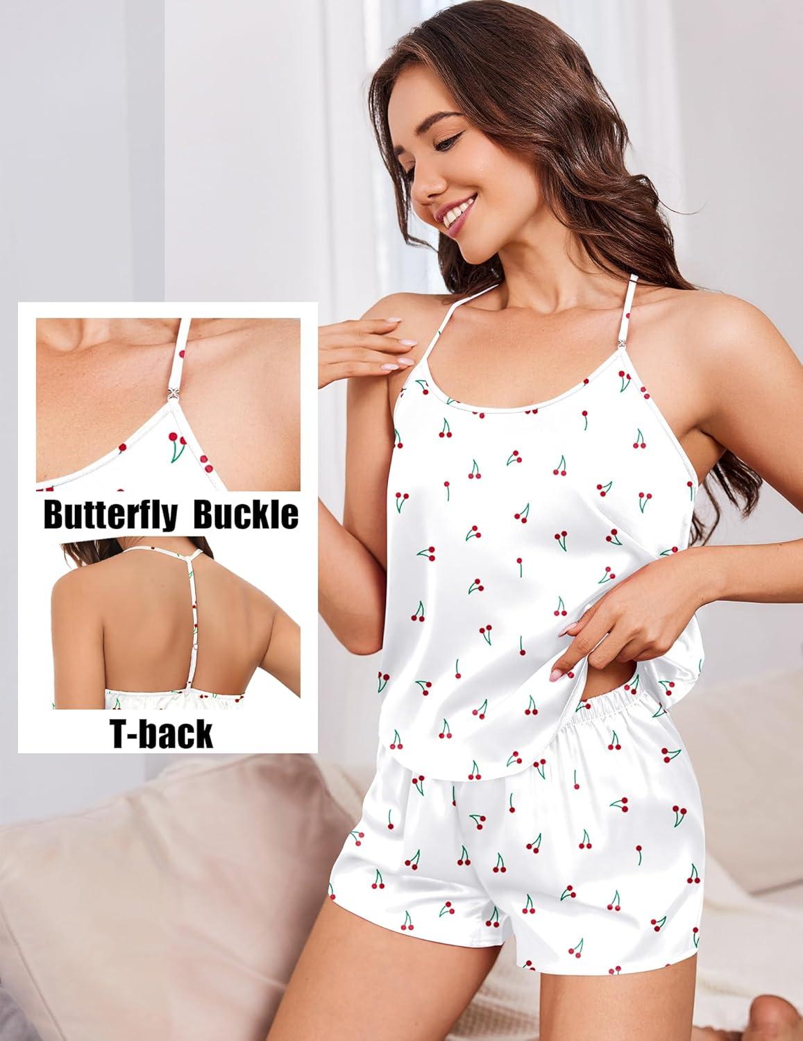 imageEkouaer Silk Satin Pajamas Set for Women Tback Lingerie Pjs Cami Top and Shorts Sleepwear Gift for Honeymoon PartyWhite Cherry