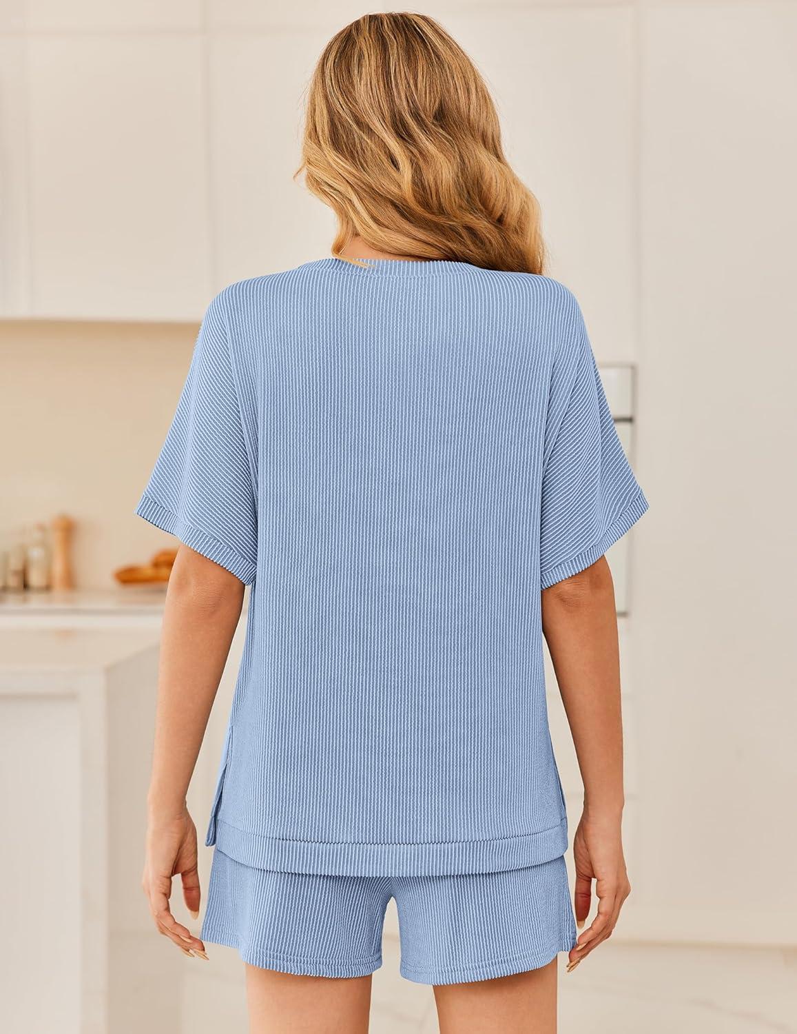 imageEkouaer Women 2 Piece Lounge Set 2026 Summer Cruise Outfits Ribbed Loose Short Sleeve Matching Sets with pocketBaby Blue