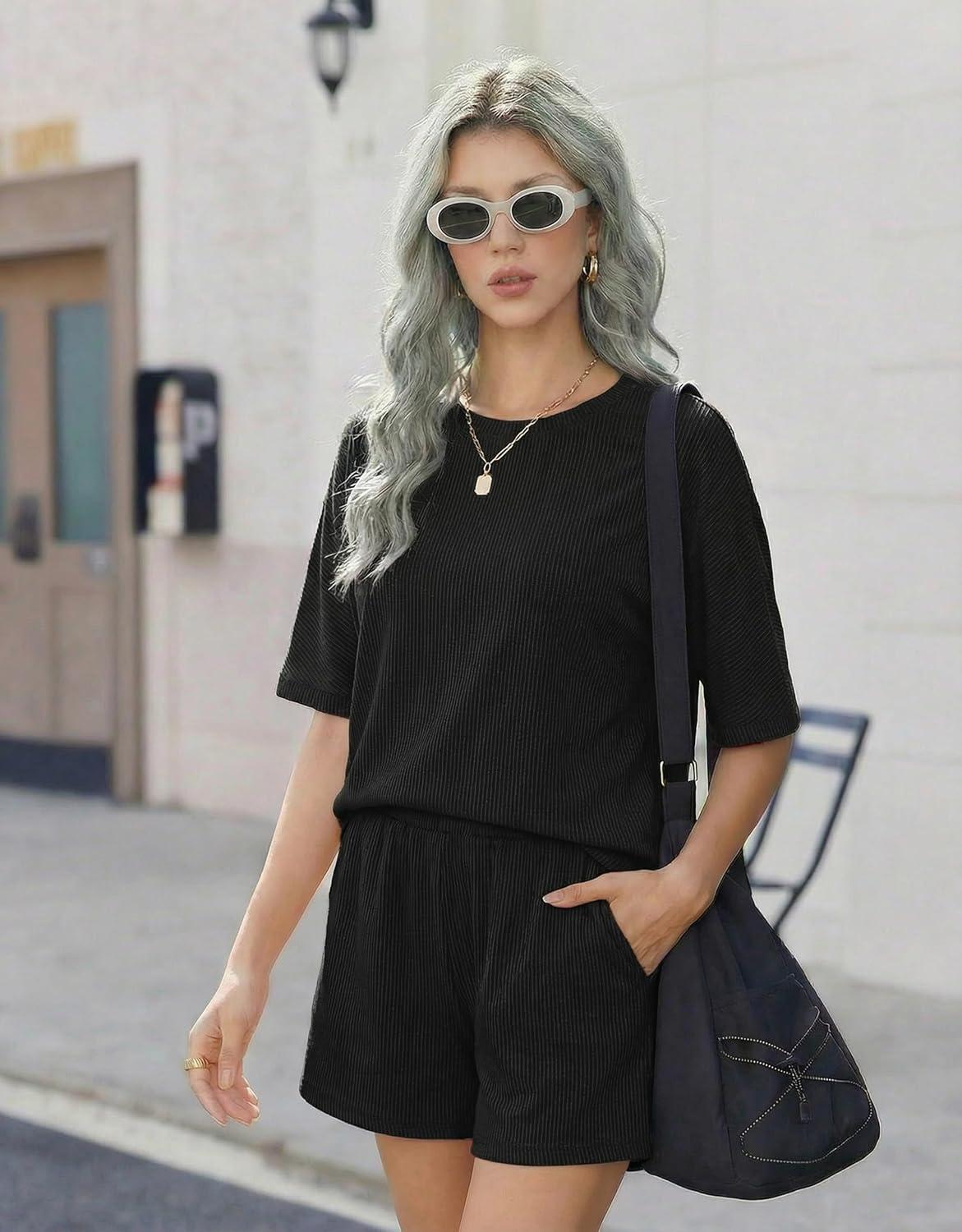 imageEkouaer Women 2 Piece Lounge Set 2026 Summer Cruise Outfits Ribbed Loose Short Sleeve Matching Sets with pocketBlack