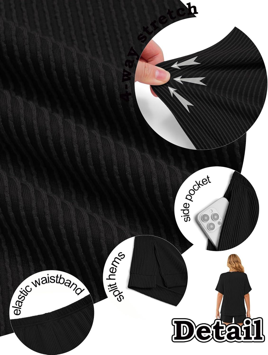 imageEkouaer Women 2 Piece Lounge Set 2026 Summer Cruise Outfits Ribbed Loose Short Sleeve Matching Sets with pocketBlack