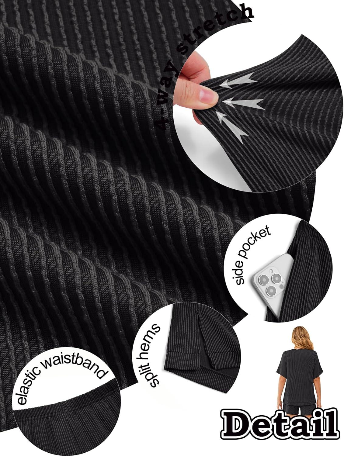imageEkouaer Women 2 Piece Lounge Set 2026 Summer Cruise Outfits Ribbed Loose Short Sleeve Matching Sets with pocketDark Gray