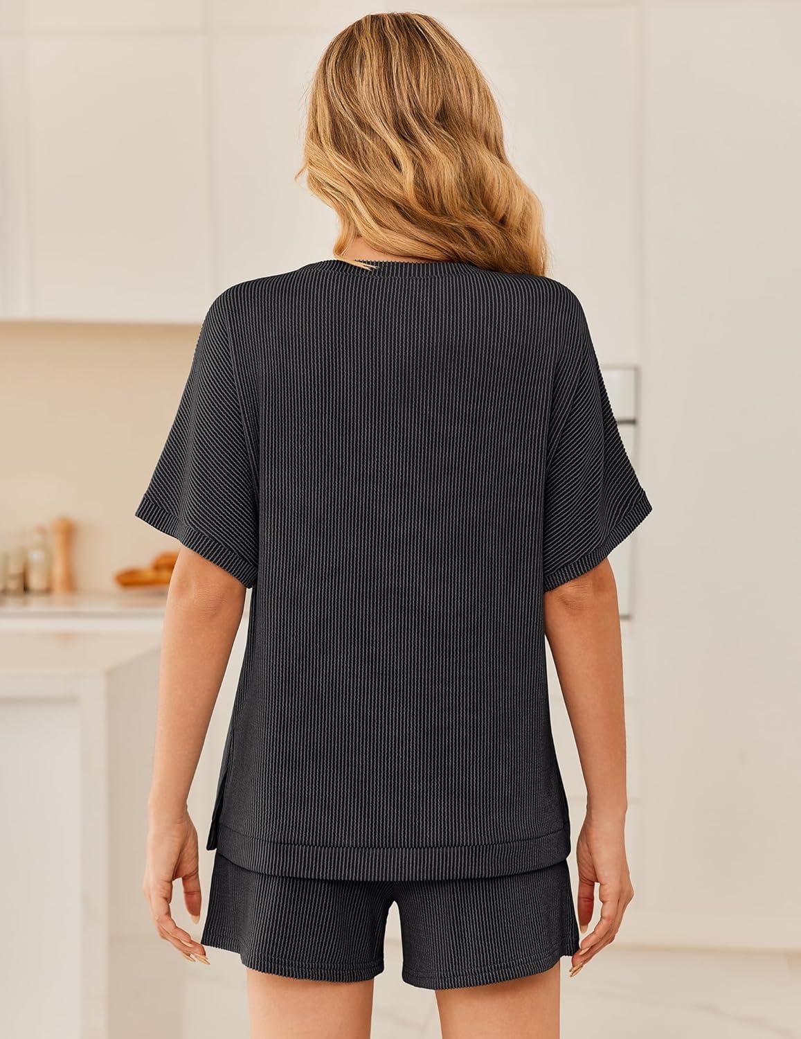imageEkouaer Women 2 Piece Lounge Set 2026 Summer Cruise Outfits Ribbed Loose Short Sleeve Matching Sets with pocketDark Gray