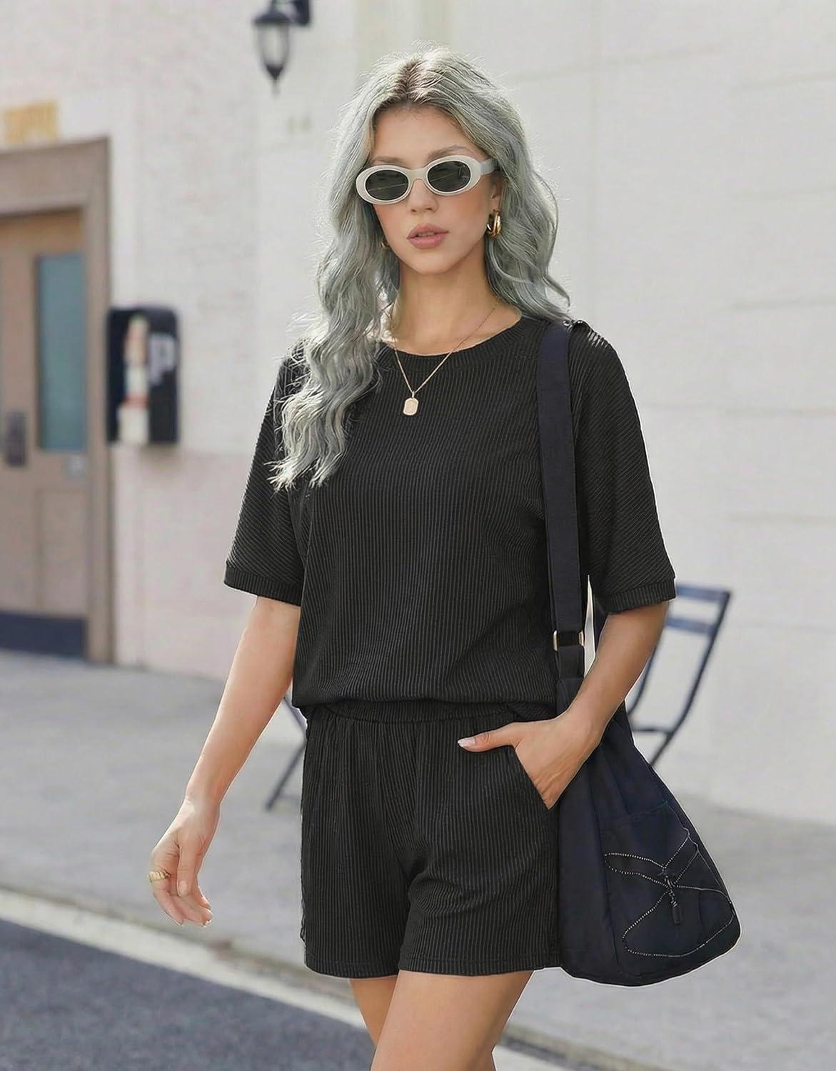 imageEkouaer Women 2 Piece Lounge Set 2026 Summer Cruise Outfits Ribbed Loose Short Sleeve Matching Sets with pocketDark Gray