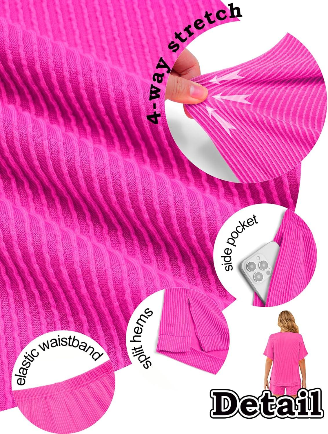 imageEkouaer Women 2 Piece Lounge Set 2026 Summer Cruise Outfits Ribbed Loose Short Sleeve Matching Sets with pocketHot Pink