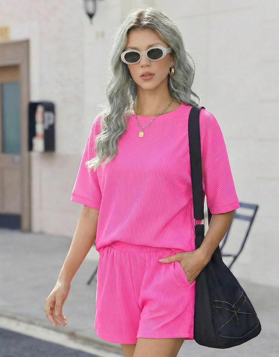 imageEkouaer Women 2 Piece Lounge Set 2026 Summer Cruise Outfits Ribbed Loose Short Sleeve Matching Sets with pocketHot Pink
