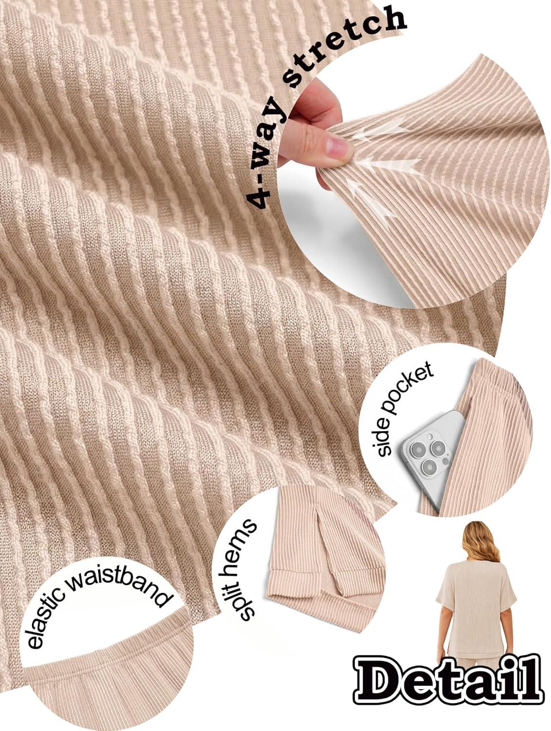 imageEkouaer Women 2 Piece Lounge Set 2026 Summer Cruise Outfits Ribbed Loose Short Sleeve Matching Sets with pocketLight Khaki