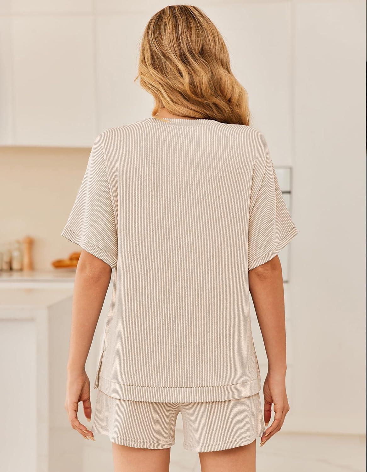 imageEkouaer Women 2 Piece Lounge Set 2026 Summer Cruise Outfits Ribbed Loose Short Sleeve Matching Sets with pocketLight Khaki