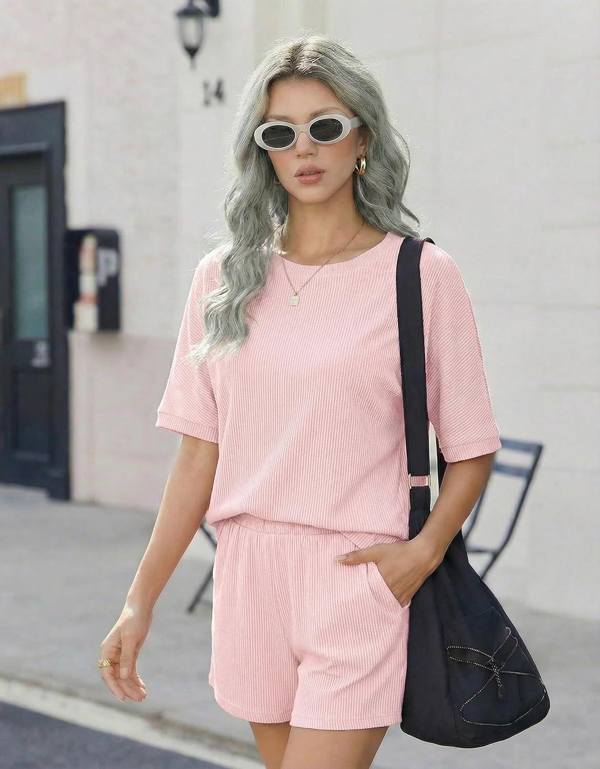 imageEkouaer Women 2 Piece Lounge Set 2026 Summer Cruise Outfits Ribbed Loose Short Sleeve Matching Sets with pocketLight Pink