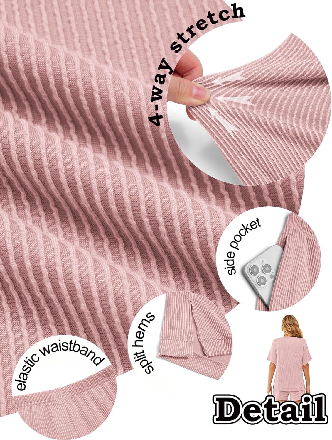 imageEkouaer Women 2 Piece Lounge Set 2026 Summer Cruise Outfits Ribbed Loose Short Sleeve Matching Sets with pocketLight Pink
