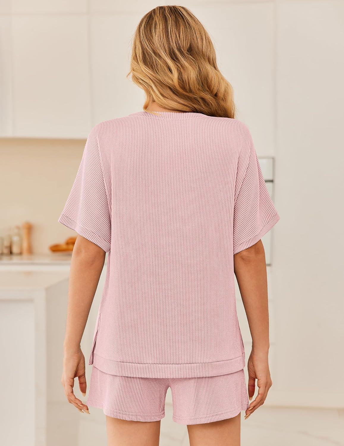 imageEkouaer Women 2 Piece Lounge Set 2026 Summer Cruise Outfits Ribbed Loose Short Sleeve Matching Sets with pocketLight Pink