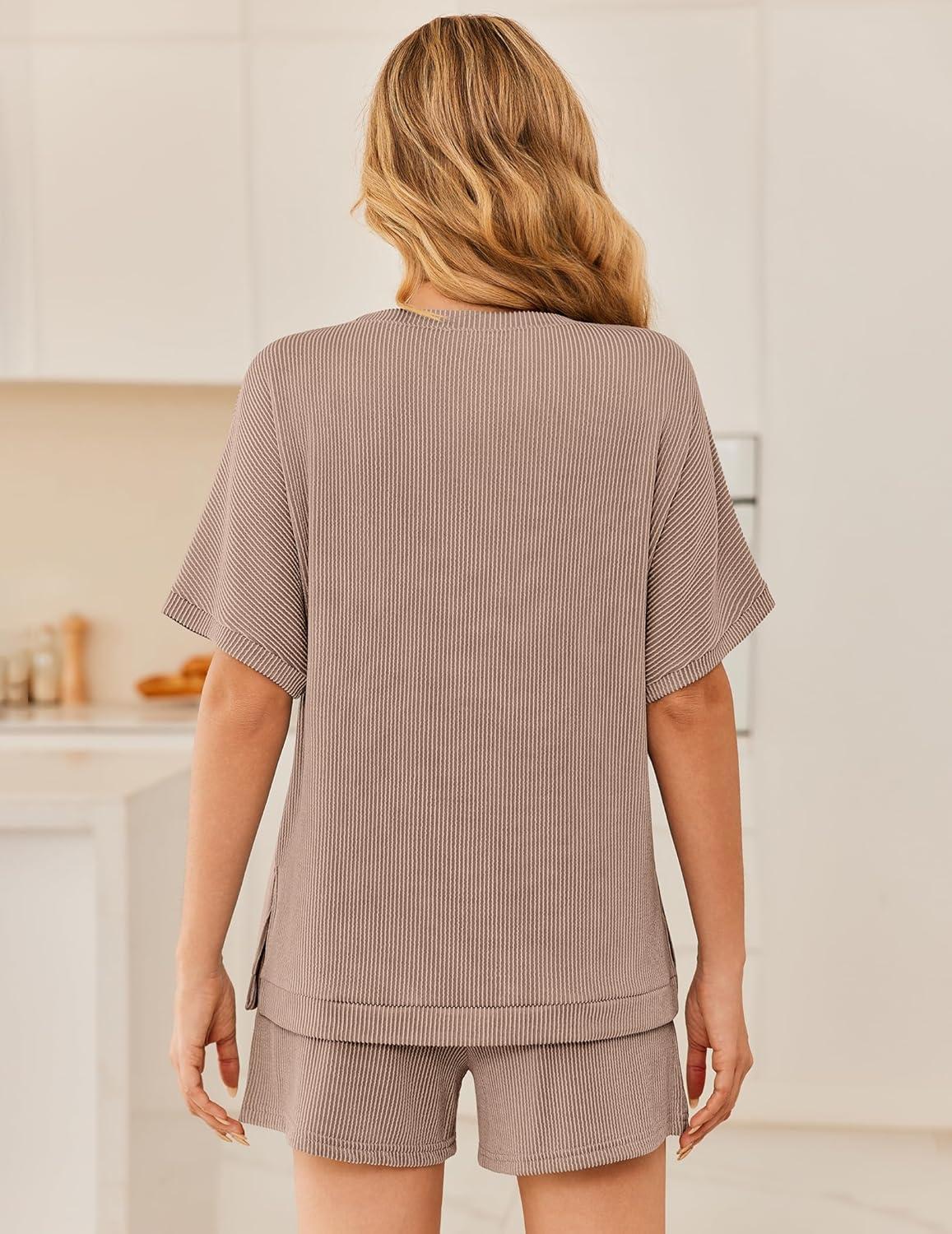 imageEkouaer Women 2 Piece Lounge Set 2026 Summer Cruise Outfits Ribbed Loose Short Sleeve Matching Sets with pocketRosy Brown