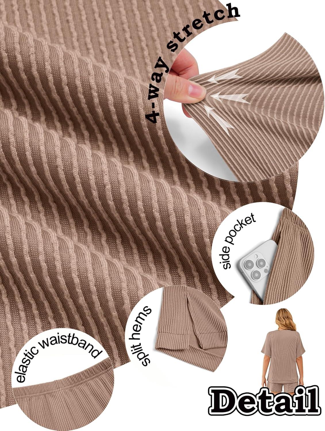 imageEkouaer Women 2 Piece Lounge Set 2026 Summer Cruise Outfits Ribbed Loose Short Sleeve Matching Sets with pocketRosy Brown
