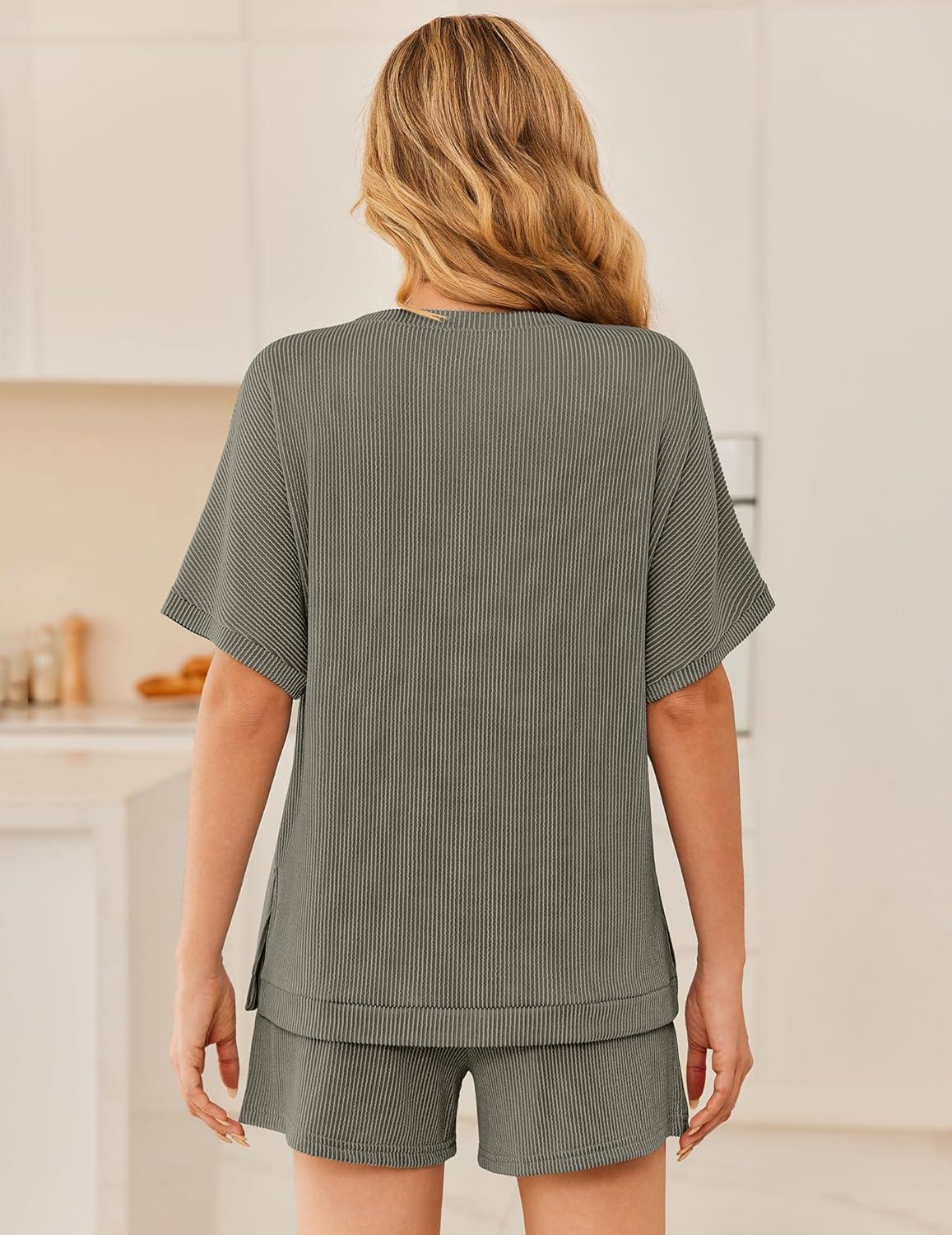 imageEkouaer Women 2 Piece Lounge Set 2026 Summer Cruise Outfits Ribbed Loose Short Sleeve Matching Sets with pocketTaupe Gray