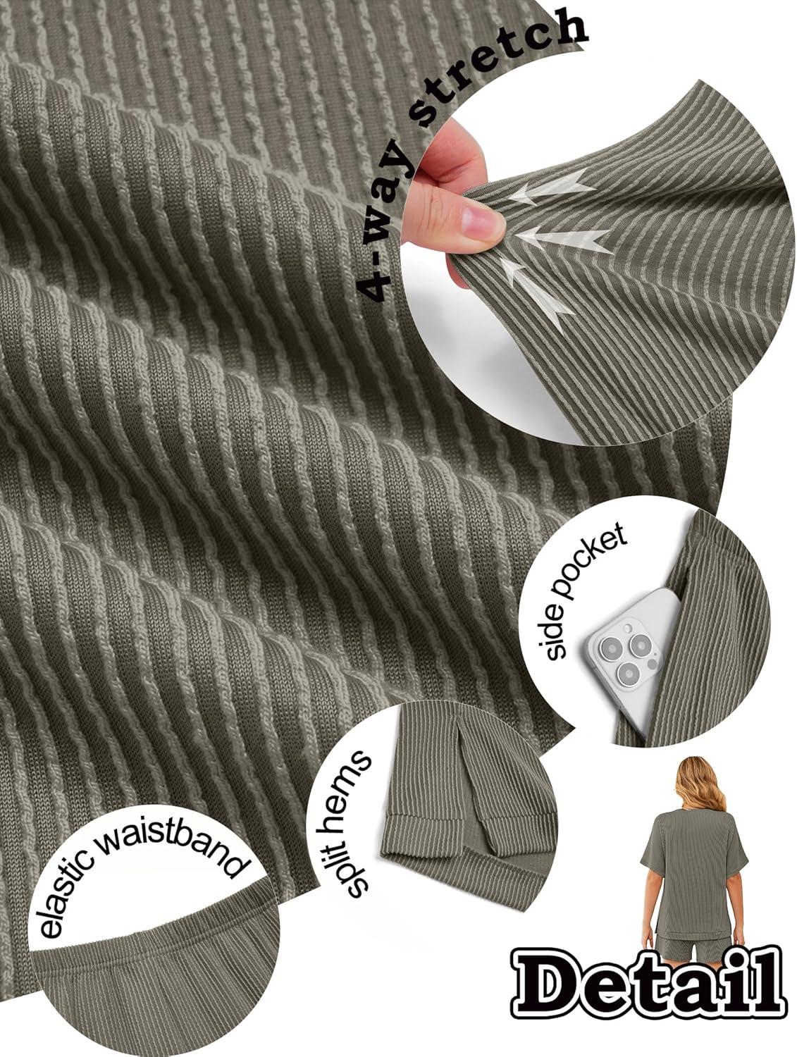 imageEkouaer Women 2 Piece Lounge Set 2026 Summer Cruise Outfits Ribbed Loose Short Sleeve Matching Sets with pocketTaupe Gray