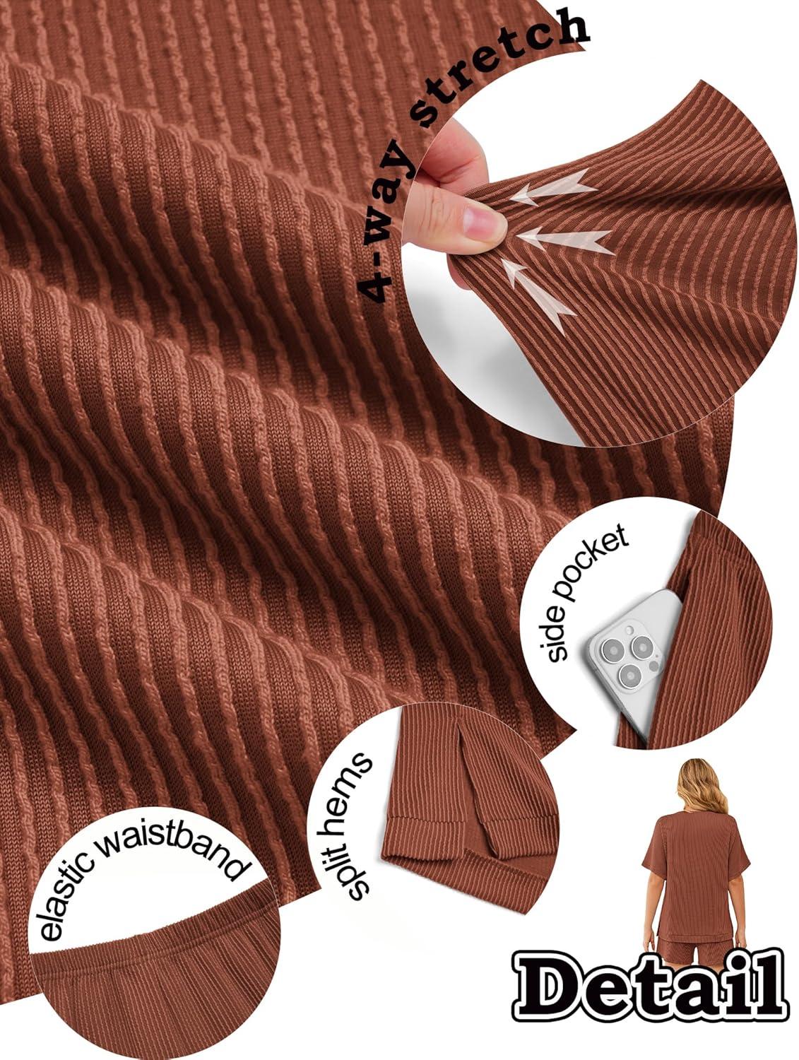 imageEkouaer Women 2 Piece Lounge Set 2026 Summer Cruise Outfits Ribbed Loose Short Sleeve Matching Sets with pocketTerracotta