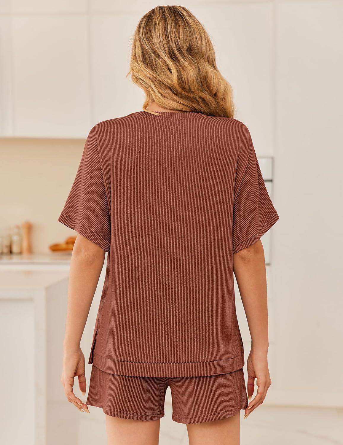 imageEkouaer Women 2 Piece Lounge Set 2026 Summer Cruise Outfits Ribbed Loose Short Sleeve Matching Sets with pocketTerracotta