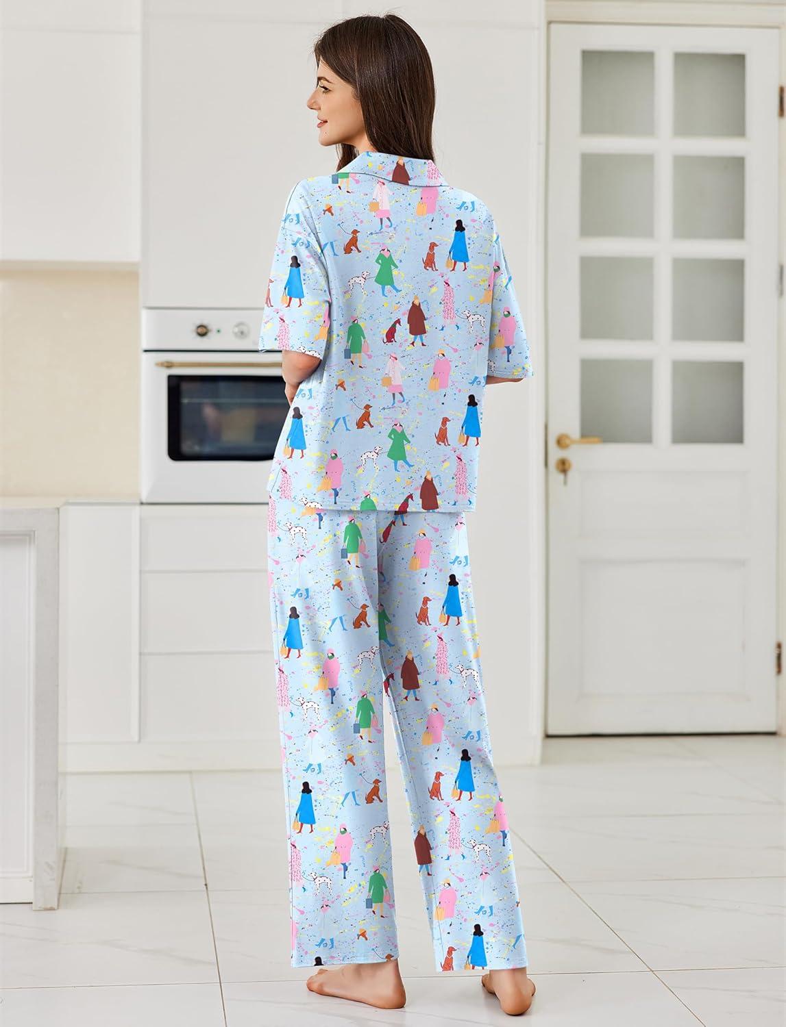 imageEkouaer Women Pajamas Set Button Down Sleepwear Short Sleeve Pjs Soft Comfy Nightwear with Long Pants SXXLCity Walk