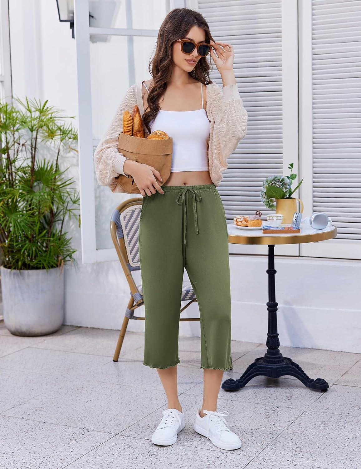 imageEkouaer Womens Capri Pajama Pants 2026 Wide Leg Lounge Sleep Pants Soft Comfy Drawstring Pj Bottoms with PocketsArmy Green