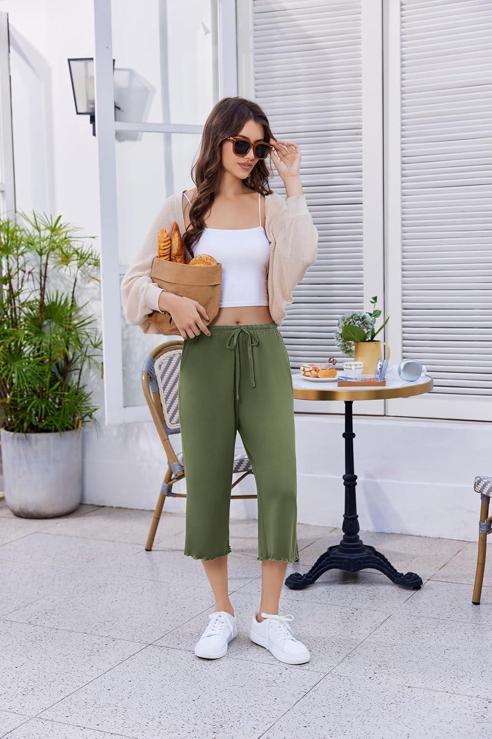 imageEkouaer Womens Capri Pajama Pants 2026 Wide Leg Lounge Sleep Pants Soft Comfy Drawstring Pj Bottoms with PocketsArmy Green