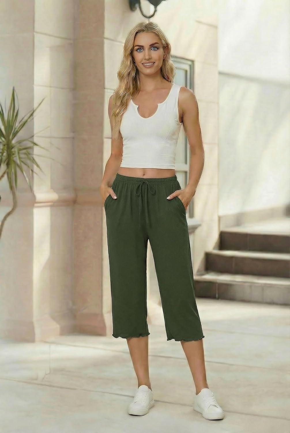 imageEkouaer Womens Capri Pajama Pants 2026 Wide Leg Lounge Sleep Pants Soft Comfy Drawstring Pj Bottoms with PocketsArmy Green