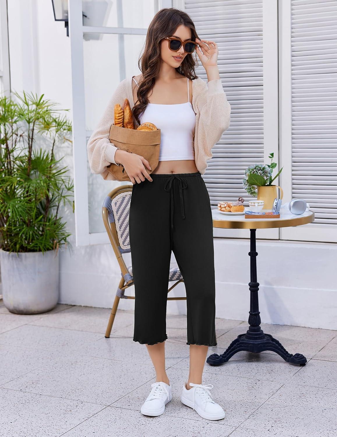 imageEkouaer Womens Capri Pajama Pants 2026 Wide Leg Lounge Sleep Pants Soft Comfy Drawstring Pj Bottoms with PocketsBlack