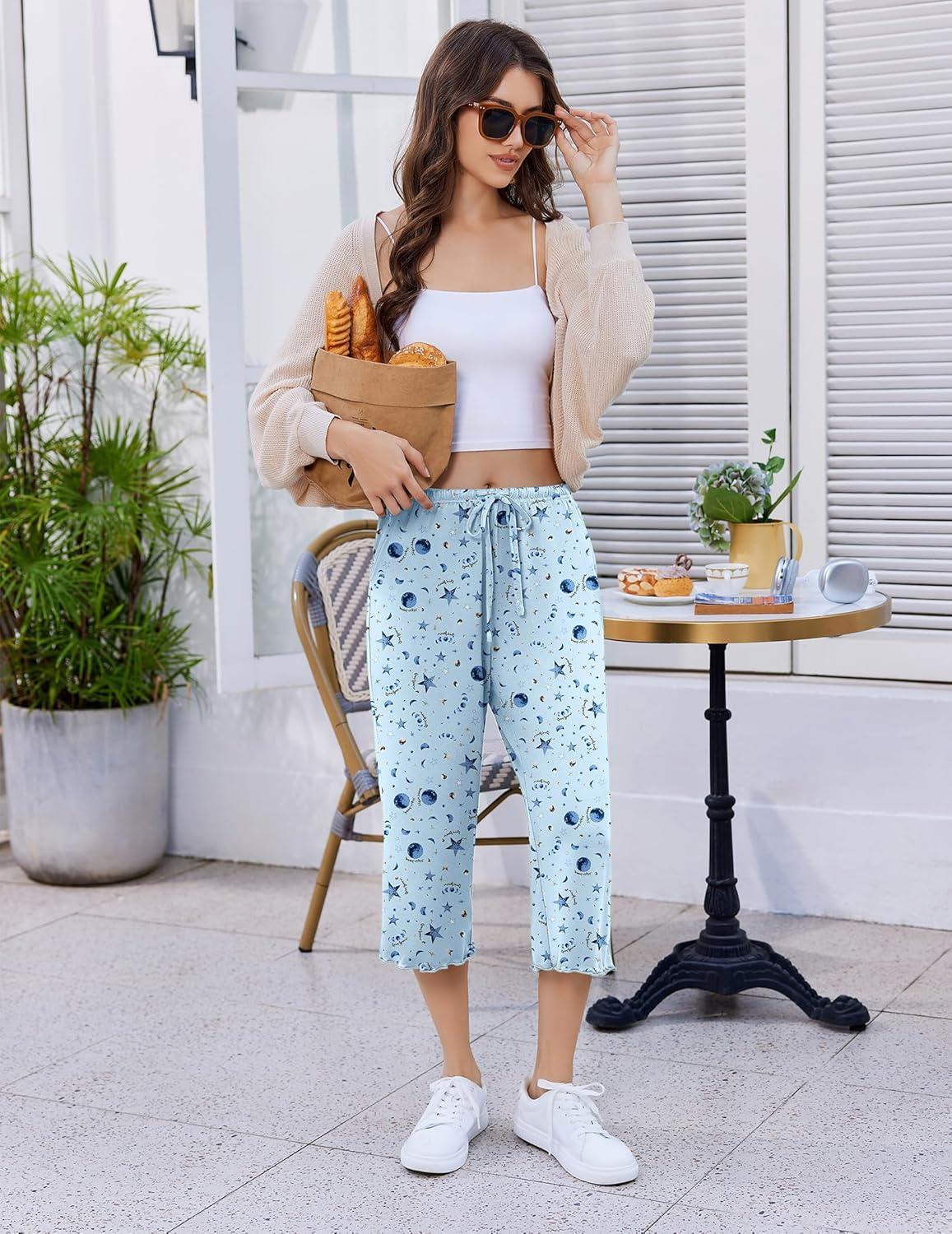 imageEkouaer Womens Capri Pajama Pants 2026 Wide Leg Lounge Sleep Pants Soft Comfy Drawstring Pj Bottoms with PocketsBlue Moon