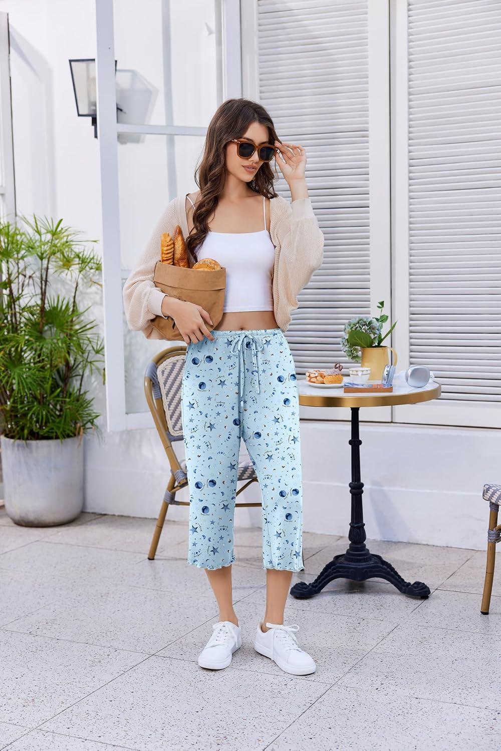 imageEkouaer Womens Capri Pajama Pants 2026 Wide Leg Lounge Sleep Pants Soft Comfy Drawstring Pj Bottoms with PocketsBlue Moon