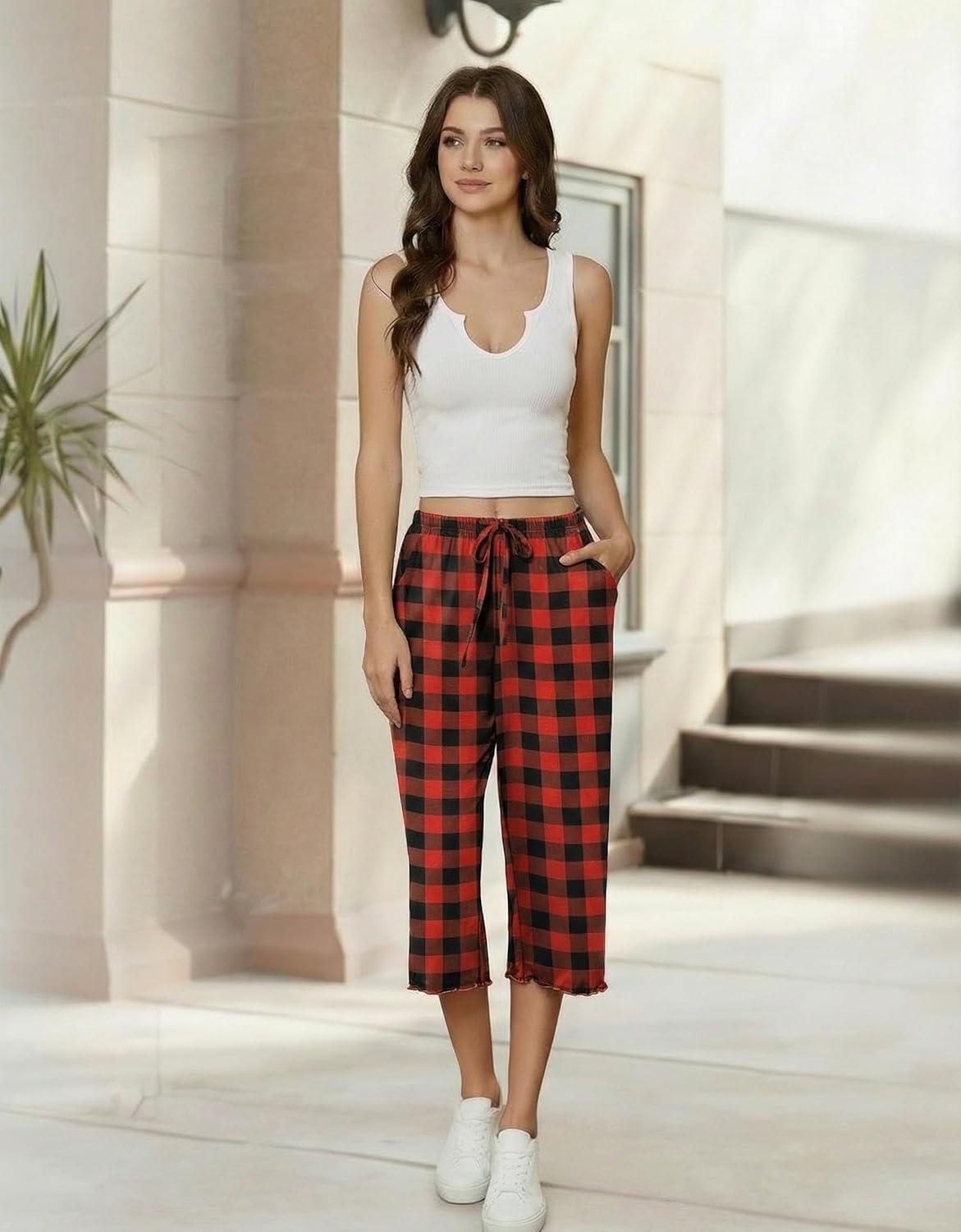 imageEkouaer Womens Capri Pajama Pants 2026 Wide Leg Lounge Sleep Pants Soft Comfy Drawstring Pj Bottoms with PocketsBuffalo Plaid