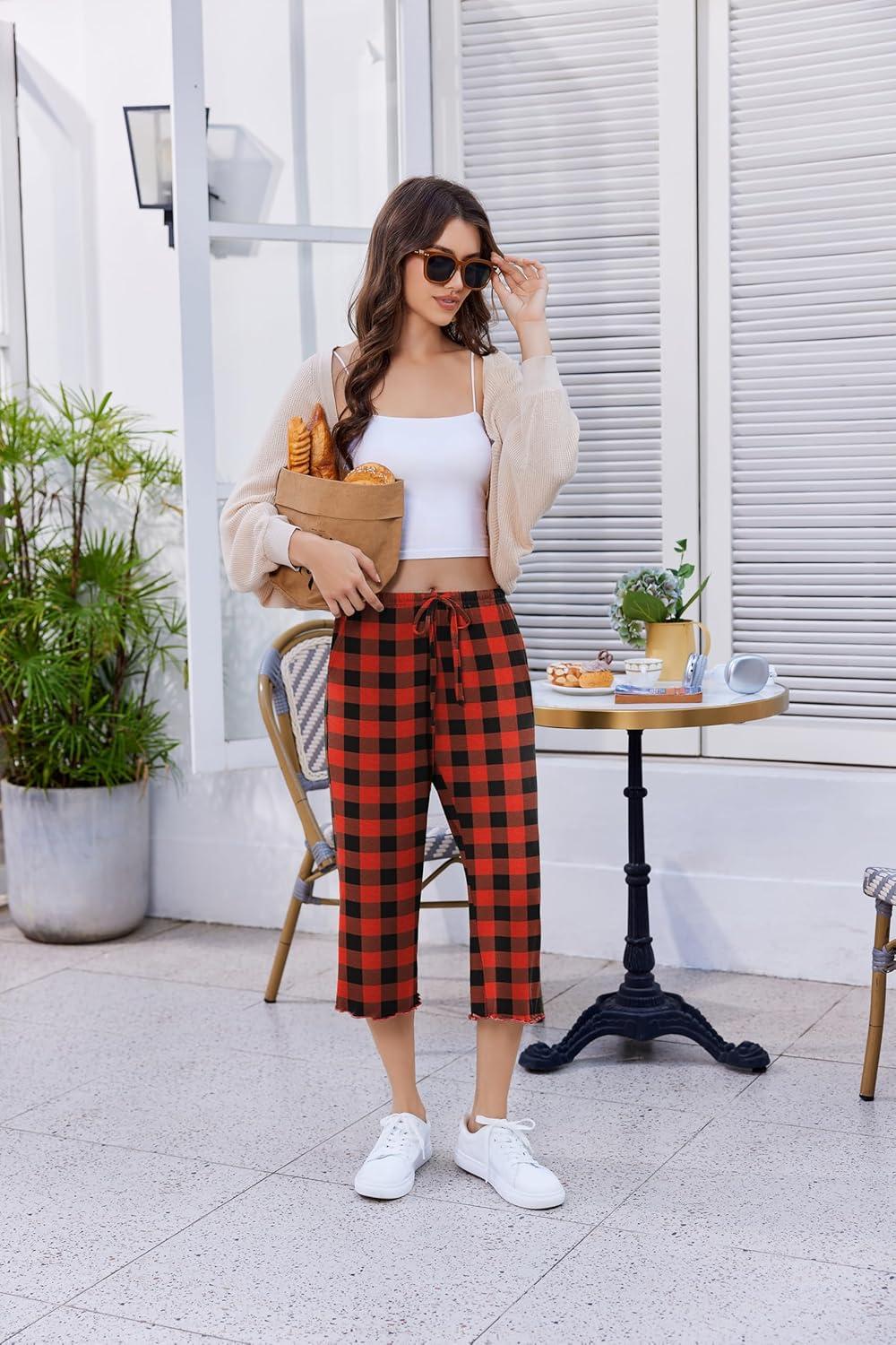 imageEkouaer Womens Capri Pajama Pants 2026 Wide Leg Lounge Sleep Pants Soft Comfy Drawstring Pj Bottoms with PocketsBuffalo Plaid