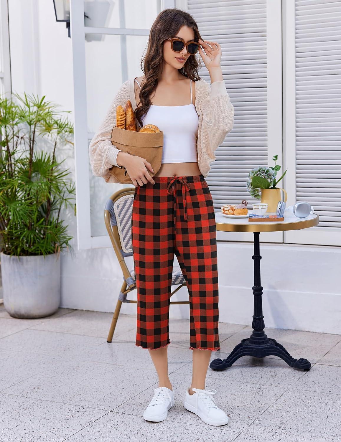 imageEkouaer Womens Capri Pajama Pants 2026 Wide Leg Lounge Sleep Pants Soft Comfy Drawstring Pj Bottoms with PocketsBuffalo Plaid