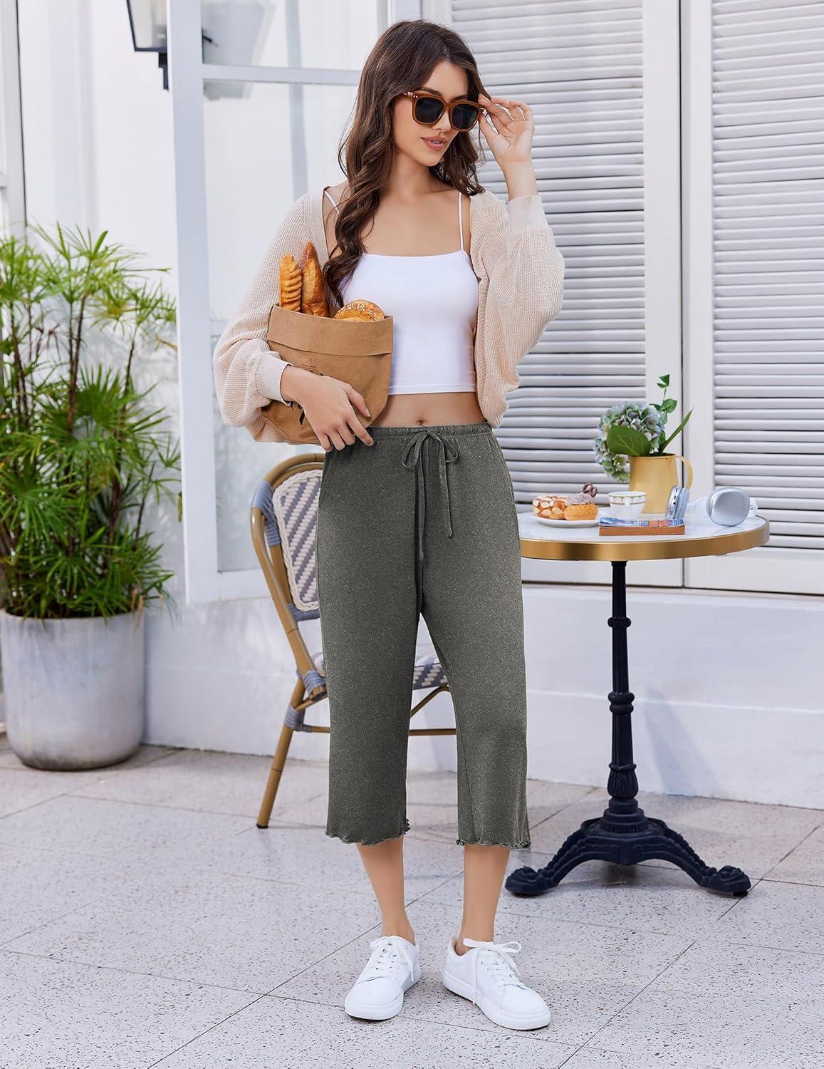 imageEkouaer Womens Capri Pajama Pants 2026 Wide Leg Lounge Sleep Pants Soft Comfy Drawstring Pj Bottoms with PocketsDark Heather Gray