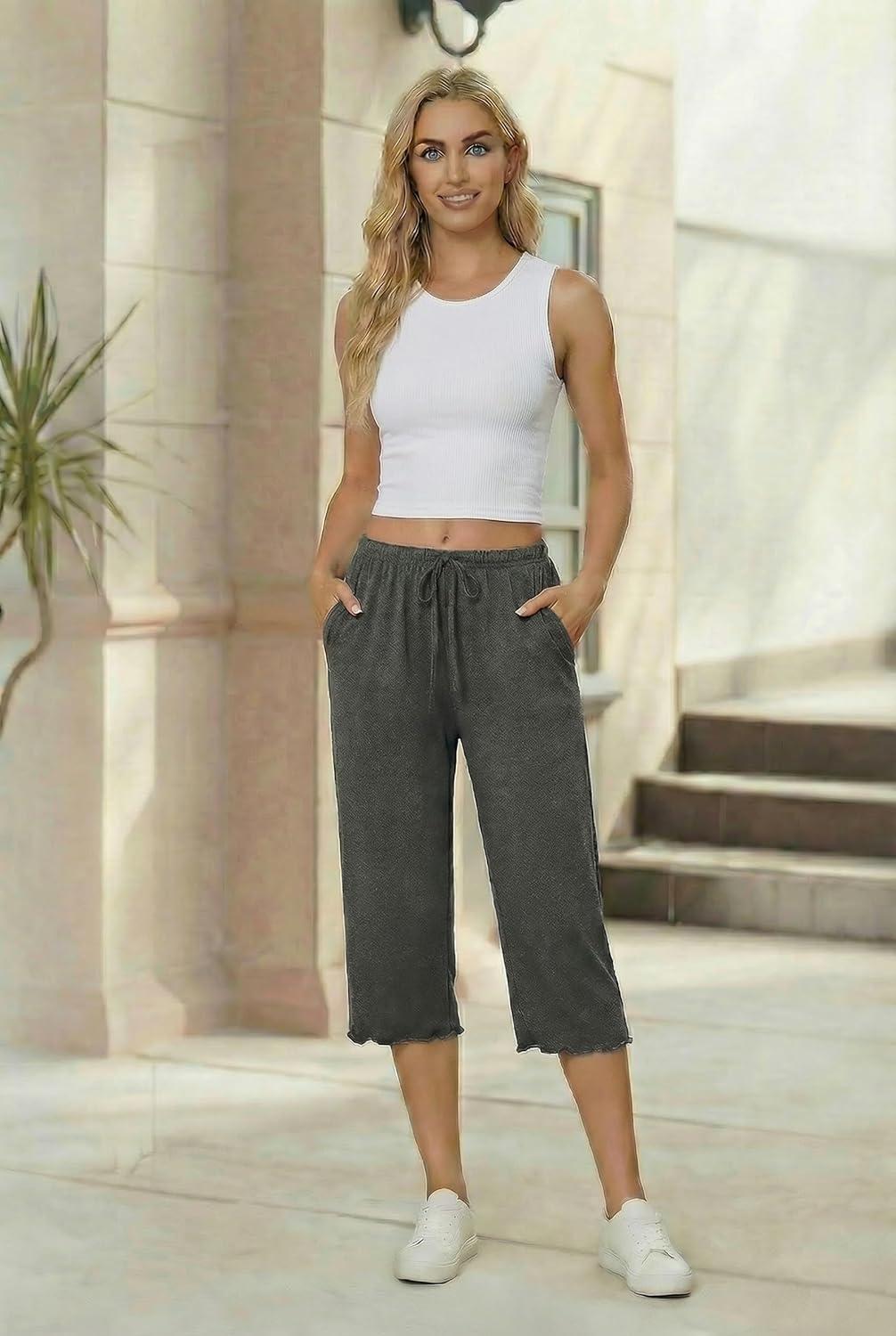 imageEkouaer Womens Capri Pajama Pants 2026 Wide Leg Lounge Sleep Pants Soft Comfy Drawstring Pj Bottoms with PocketsDark Heather Gray