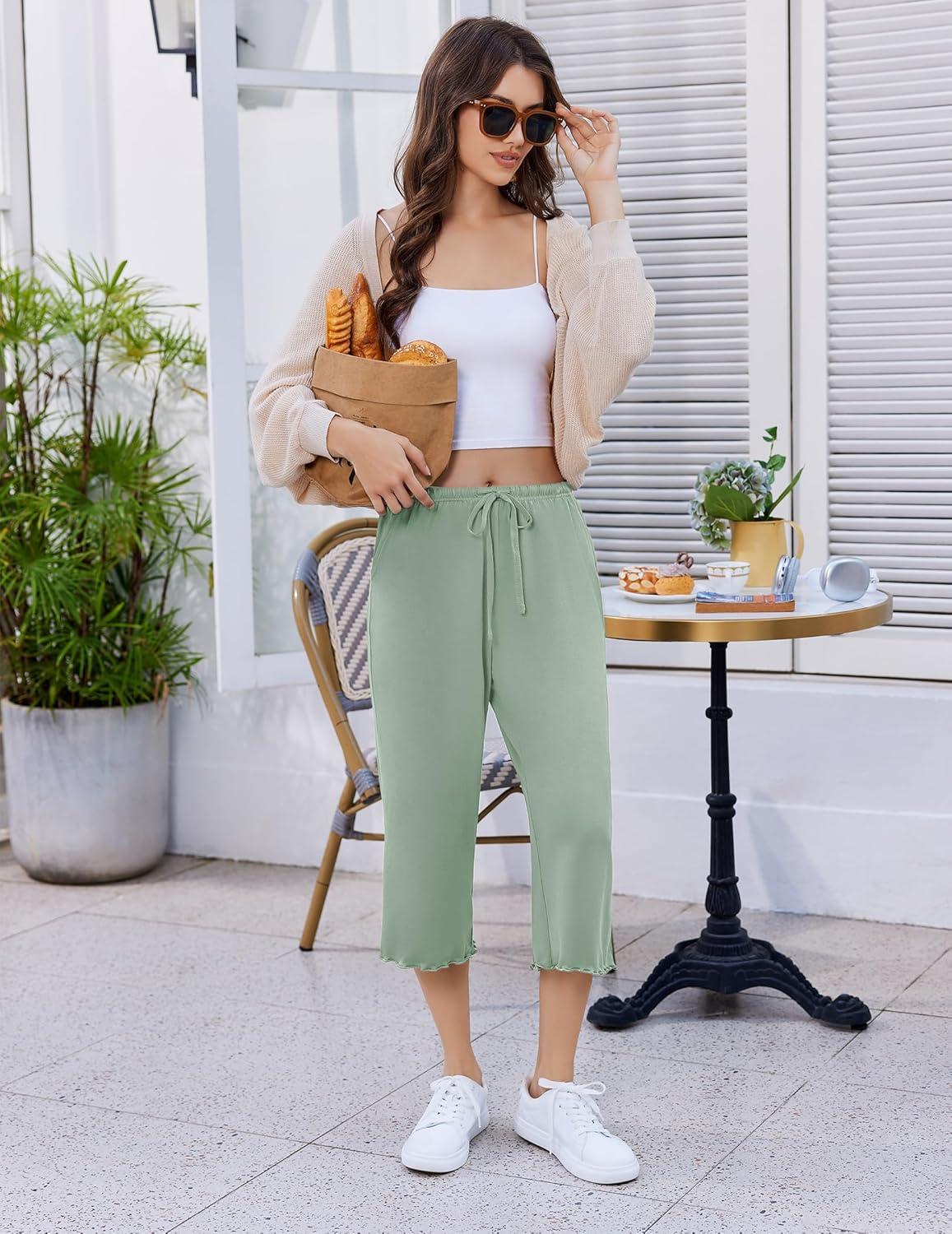 imageEkouaer Womens Capri Pajama Pants 2026 Wide Leg Lounge Sleep Pants Soft Comfy Drawstring Pj Bottoms with PocketsLight Green