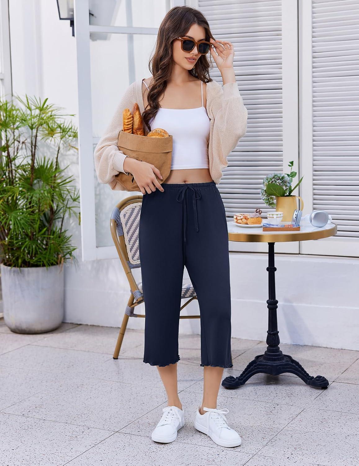 imageEkouaer Womens Capri Pajama Pants 2026 Wide Leg Lounge Sleep Pants Soft Comfy Drawstring Pj Bottoms with PocketsNavy Blue