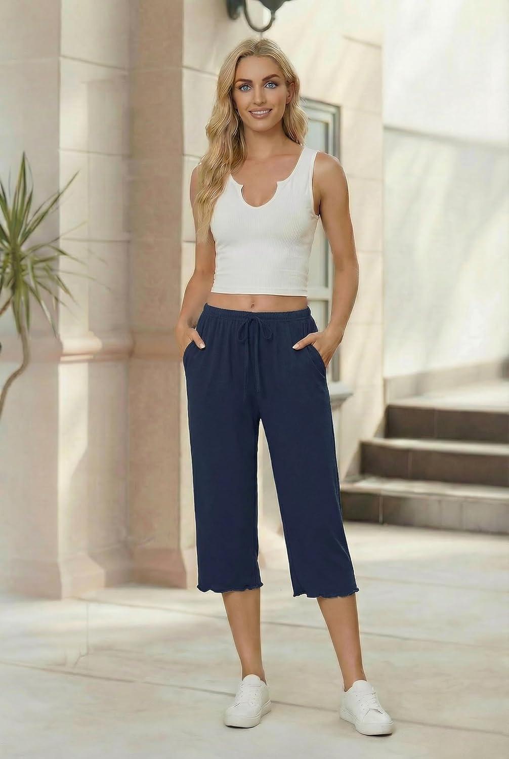 imageEkouaer Womens Capri Pajama Pants 2026 Wide Leg Lounge Sleep Pants Soft Comfy Drawstring Pj Bottoms with PocketsNavy Blue