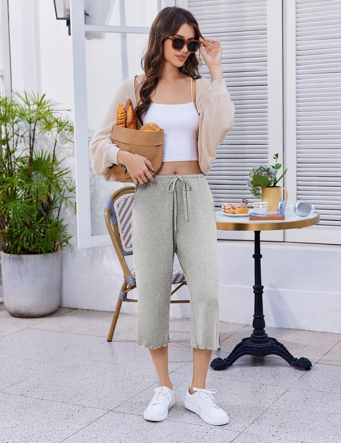 imageEkouaer Womens Capri Pajama Pants 2026 Wide Leg Lounge Sleep Pants Soft Comfy Drawstring Pj Bottoms with PocketsPale Heather Gray