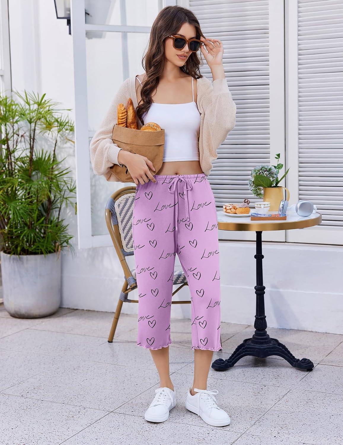 imageEkouaer Womens Capri Pajama Pants 2026 Wide Leg Lounge Sleep Pants Soft Comfy Drawstring Pj Bottoms with PocketsPink Love