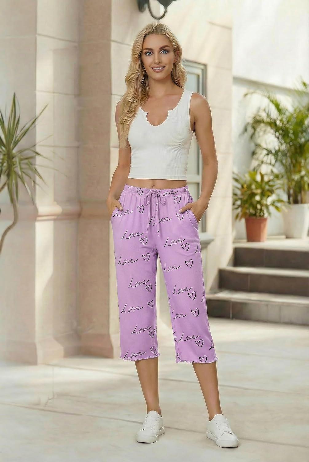 imageEkouaer Womens Capri Pajama Pants 2026 Wide Leg Lounge Sleep Pants Soft Comfy Drawstring Pj Bottoms with PocketsPink Love