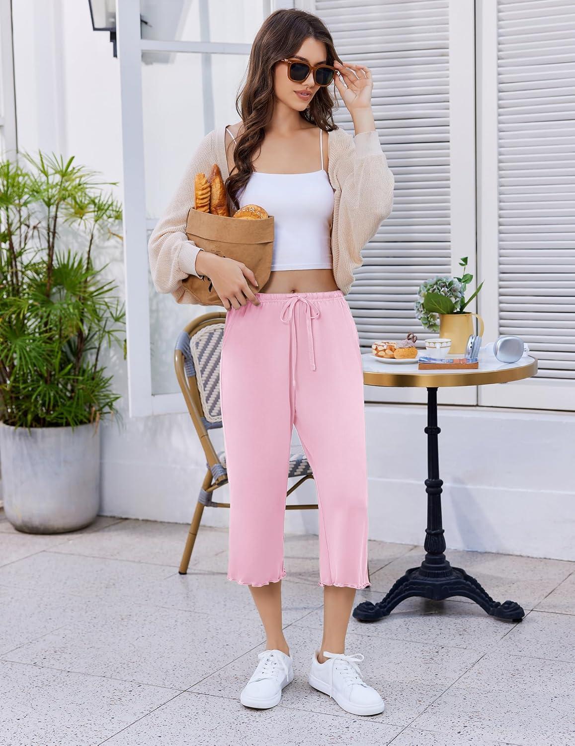 imageEkouaer Womens Capri Pajama Pants 2026 Wide Leg Lounge Sleep Pants Soft Comfy Drawstring Pj Bottoms with PocketsSolid Pink