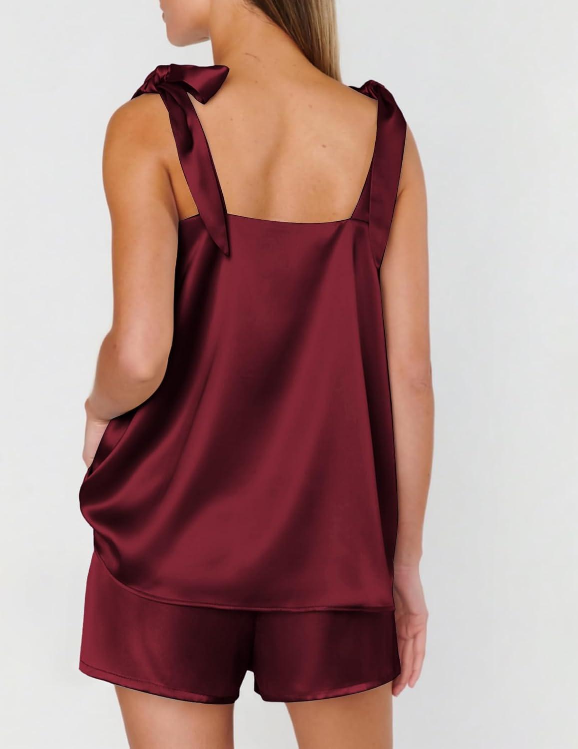 imageEkouaer Womens Silk Pajama Set Bow Tie Knot Tank Top Satin Pjs Sets for Bridal Party 2 Piece Cami Shorts Sleepwear SXXLWine Red